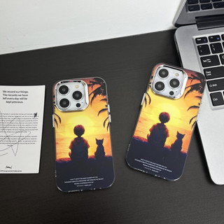 เคสโทรศัพท์มือถือแบบใส สองชั้น ลายพระอาทิตย์ตก แมวน่ารัก สีเงิน สําหรับ iPhone 13 Pro Max 11 12 13 14 Pro Max 14