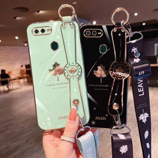 เคส OPPO A12 A12E A5s A3s A7 A5 A9 2020 F7 F5 F9 F11 Pro A1K F1s พร้อมสายรัดข้อมือ และเชือกเส้นเล็ก ลายใบเมเปิ้ล เคสโทรศัพท์