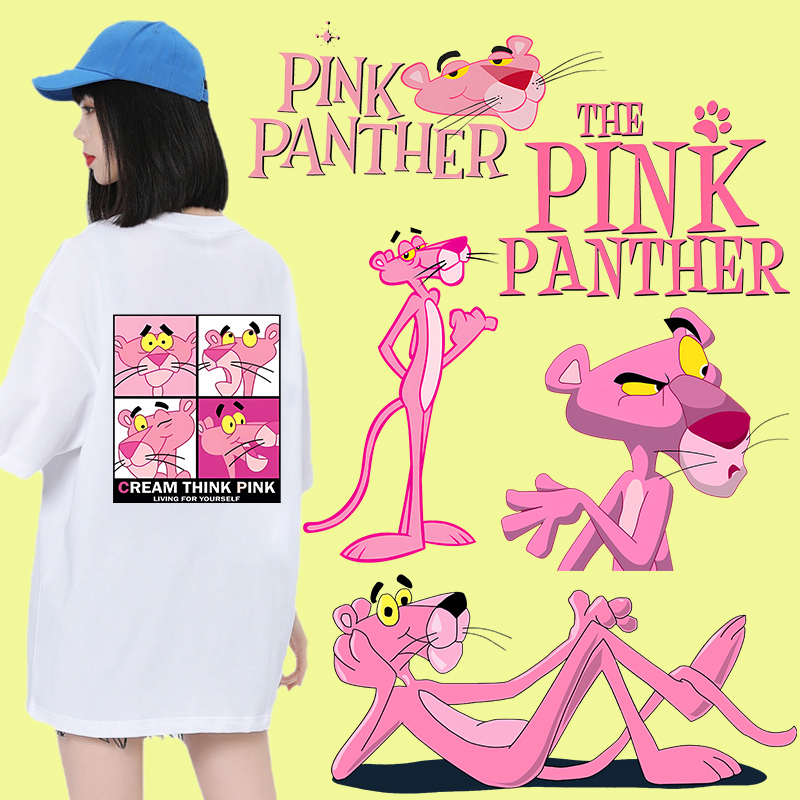 แผ่นสติกเกอร์รีดร้อน ลายการ์ตูน Pink Panther น่ารัก สําหรับตกแต่งเสื้อผ้า DIY