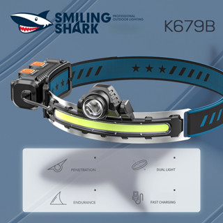 Smiling Shark K679 ไฟหน้า หัวไฟฉายคาดหัว LED เซนเซอร์ ซุปเปอร์ไบรท์ พร้อมจอแสดงผลพลังงาน USBชาร์จกันน้ำได้ ตั้งแคมป์กลางแจ้ง เดินป่า วิ่ง ไฟตกปลา