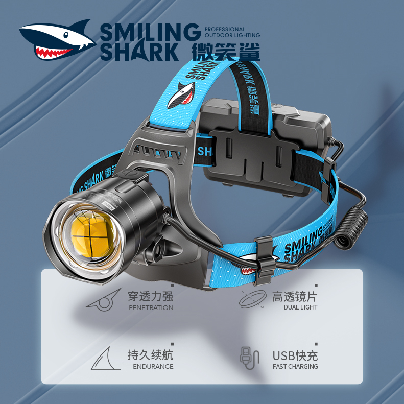 SmilingShark K807 ไฟคาดหัว ไฟหน้า led P100 6000lm ไฟฉายคาดศีรษะอันทรงพลัง 3 โหมด USB ชาร์จได้ Zoomable กันน้ำสำหรับตกปลาเดินป่าตั้งแคมป์