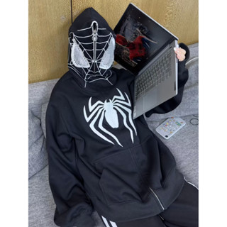 เสื้อคาร์ดิแกนกันหนาว มีฮู้ด แต่งซิป ทรงหลวม ลาย Spider Man Y2K สไตล์วินเทจ อเมริกัน เหมาะกับฤดูใบไม้ร่วง และฤดูหนาว สําหรับผู้ชาย และผู้หญิง