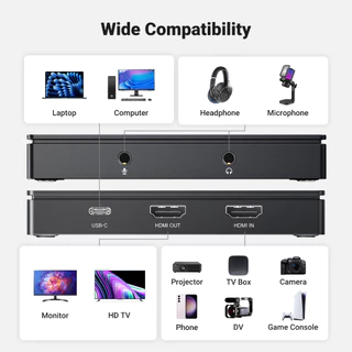 UGREEN การ์ดจับภาพวิดีโอ HDMI OUT/IN 4K60Hz USB C Capture Recording 2K 30Hz สําหรับการถ่ายทอดสด, การบันทึกวิดีโอ, Macbook, Windows, Linux, Android