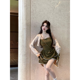 Tinrry เสื้อคาร์ดิแกนถัก แต่งสายคล้องเอว ทรงไม่สม่ําเสมอ สีเขียว