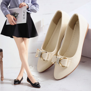 รองเท้าส้นเตี้ย หัวแหลม ประดับโบว์ พลอยเทียม เหมาะกับใส่ทําง…