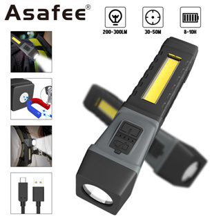 Asafee ไฟฉาย LED + COB แบบพกพา สว่างพิเศษ พร้อมคลิปหนีบปากกา และหางหมุนได้ พร้อมแม่เหล็กในตัว แบตเตอรี่ Type-C ไฟฉาย ชาร์จได้ ไฟทํางาน