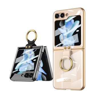 เคสแข็ง แบบใส ชุบไฟฟ้า พร้อมแหวนขาตั้ง สําหรับ Samsung Galaxy Flip 5 2023 5 2023