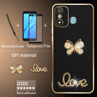 เคสซิลิโคน ลายผีเสื้อ พร้อมฟิล์มกระจกนิรภัย และสายคล้อง สําหรับ Itel A27 A27 Pro A27 LTE P17 A551L