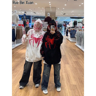 Ruo Bei Xuan เสื้อกันหนาว เสื้อคาร์ดิแกน มีซิป พิมพ์ลายแมงมุม ขนาดใหญ่ สไตล์อเมริกัน สําหรับผู้ชาย และผู้หญิง