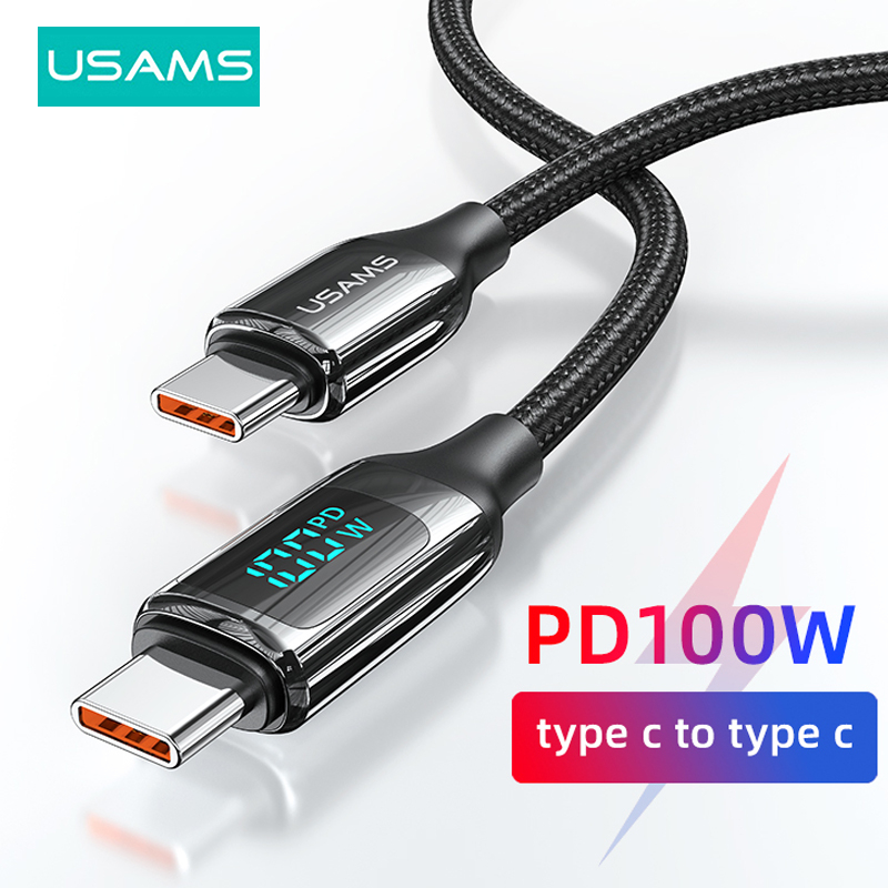 Usams PD 5A 100W คู่ USB-C LED สายเคเบิลข้อมูลการชาร์จอย่างรวดเร็ว จอแสดงผลดิจิตอล สําหรับ Android แท็บเล็ต IP15แล็ปท็อป