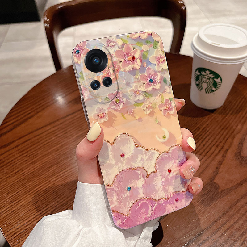 เคสOPPO Reno10 Pro Reno10 Reno 10 Pro+ Reno8 T 5G 4G มือถือ ซิลิโคนนิ่ม กันรอยกล้อง ลายภาพวาดสีน้ํามัน รูปดอกซากุระ ระยิบระยับ สําหรับ เคสโทรศัพท์OPPO Reno10 5G ใหม่ 2023
