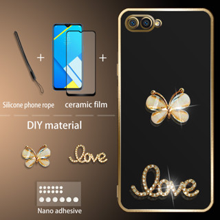 เคส Realme C2 ลายผีเสื้อ กลิตเตอร์ พร้อมฟิล์มกันรอยหน้าจอเซรามิค และสายคล้องซิลิโคน