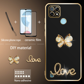 เคส Realme C21 ลายผีเสื้อ กลิตเตอร์ พร้อมฟิล์มกันรอยหน้าจอเซรามิค และสายคล้องซิลิโคน