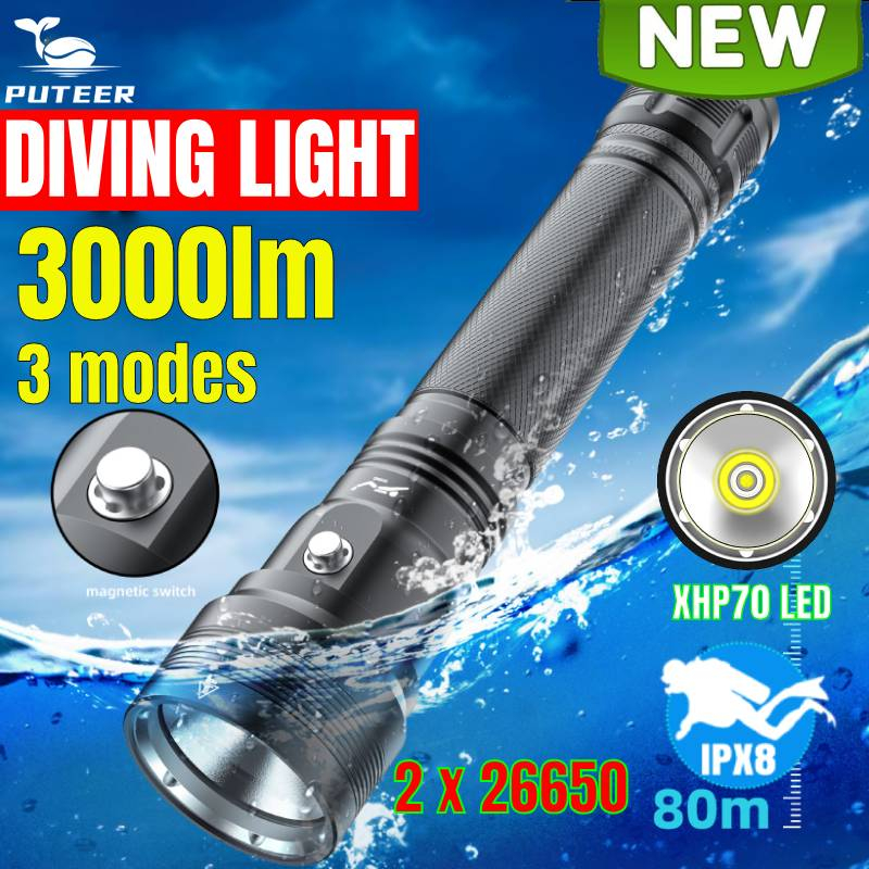 Puteer DV55 ใหม่ ไฟฉายดําน้ํา P70 3000lumen สวิตช์แม่เหล็ก ความสว่างสูง ระยะไกล 100 ม.