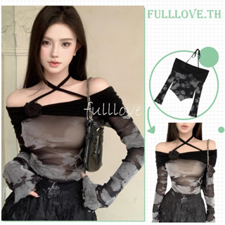 Fulllove เสื้อเปิดไหล่ ผ้าจะเป็นไหมพรมร่อง สายคล้องคอ คาดคอเก๋ๆ ไม่ซ้ำใคร ต้องรุ่นนี้ค่ะสาวๆ Y2K crop top