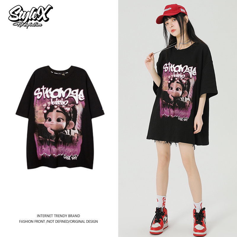 Stylex เสื้อยืดลําลอง ผ้าฝ้าย 100% แขนสั้น พิมพ์ลายการ์ตูน ทรงหลวม