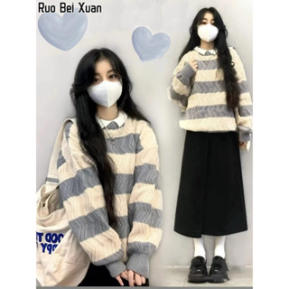 Ruo Bei Xuan เสื้อกันหนาว ผ้าถัก ทรงหลวม ลายทาง สไตล์ญี่ปุ่น สําหรับผู้หญิง