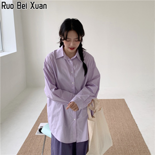 Ruo Bei Xuan เสื้อเชิ้ตแขนยาว ทรงหลวม สไตล์เกาหลี สําหรับผู้หญิง