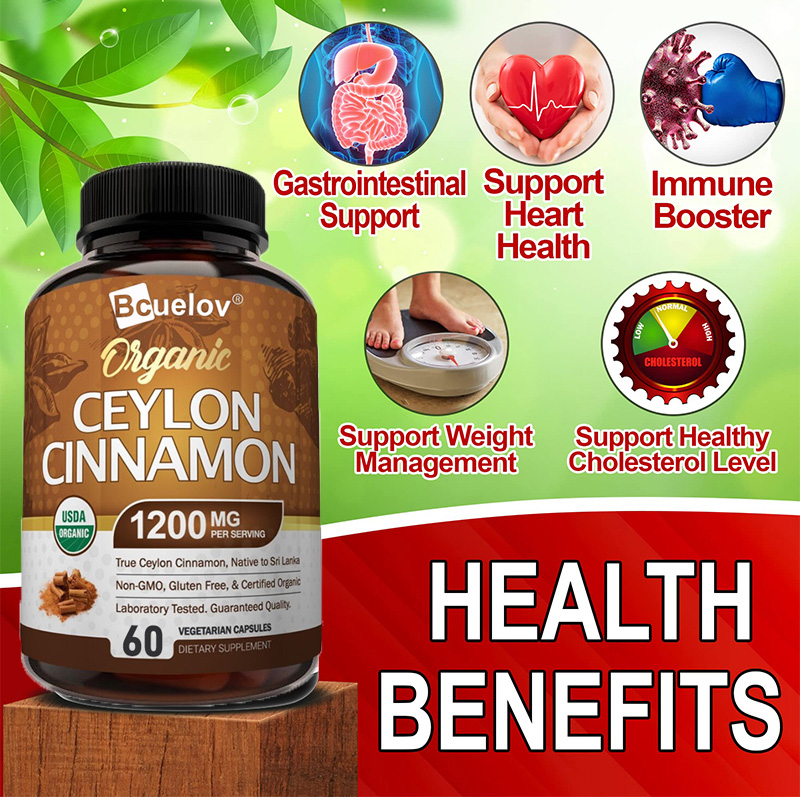 Ceylon Cinnamon Supplements 1200 มก. อบเชยศรีลังกาออร์แกนิกช่วยลดน้ำตาลในเลือดและบำรุงกระดูกและข้อต่อให้แข็งแรง