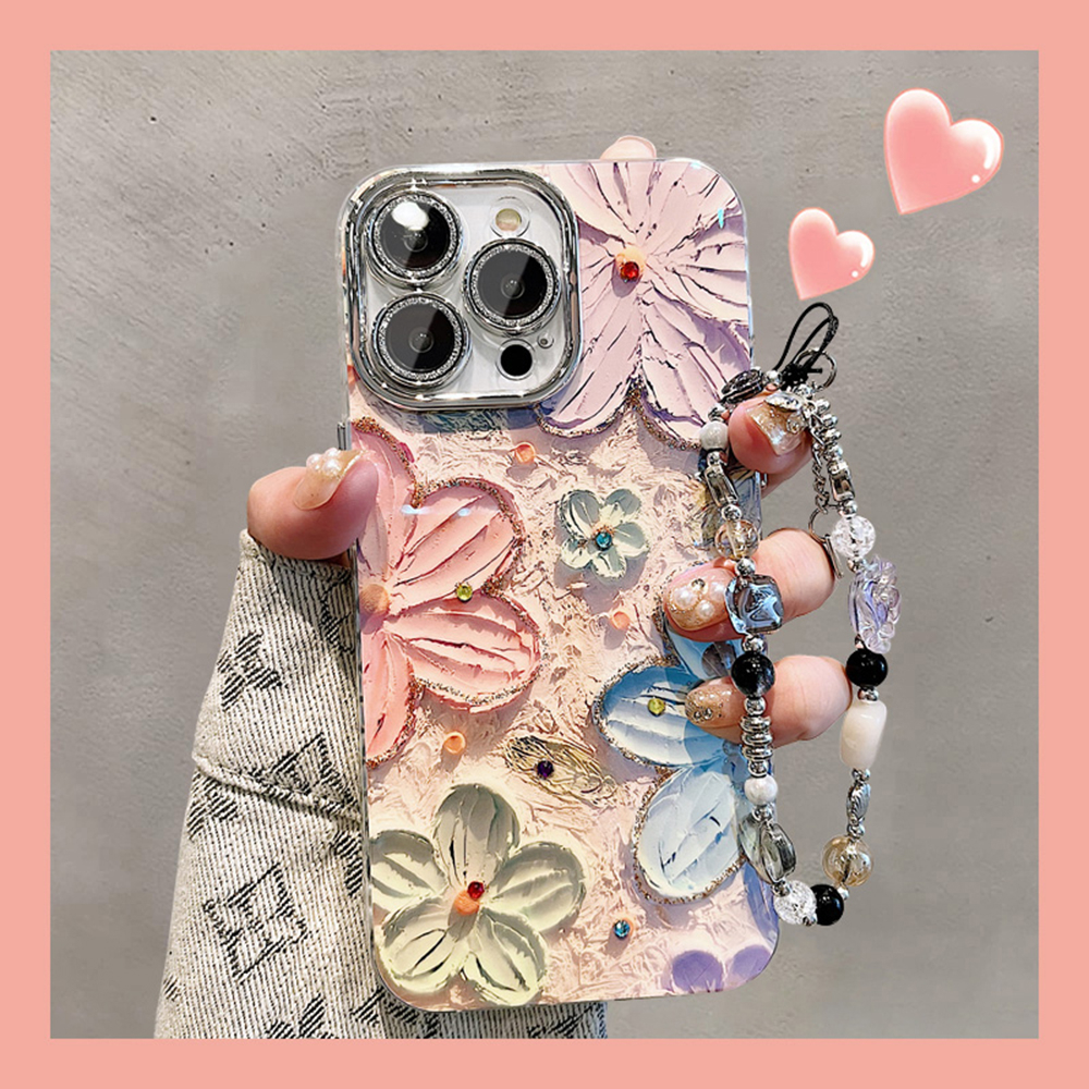 เคสโทรศัพท์มือถือแบบนิ่ม กันกระแทก แต่งกลิตเตอร์ ลายดอกไม้ พร้อมสายโซ่คล้อง และฟิล์มกันรอยเลนส์ สําหรับ iPhone 11 12 13 14 Pro Max 13promax 12pro