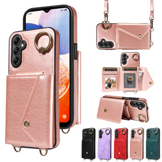 เคสโทรศัพท์หนัง แบบฝาพับ พร้อมช่องใส่บัตร และสายคล้องไหล่ สําหรับ Samsung Galaxy A14 A24 A25 A34 A54 A23 M23 A33 A53 A73 5G 4G