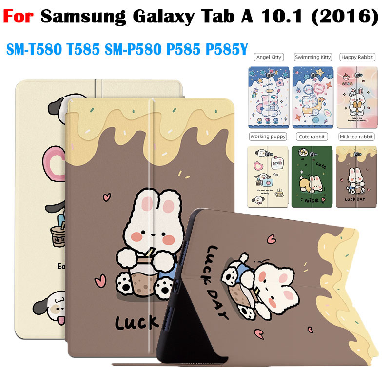 สําหรับ Samsung Galaxy Tab A 10.1 (2016) แฟชั่นน่ารักการ์ตูนรูปแบบกรณีแท็บเล็ต SM-T580 SM-T585 SM-P580 SM-P585 SM-P585Y คุณภาพสูง PU หนังฝาครอบขาตั้ง