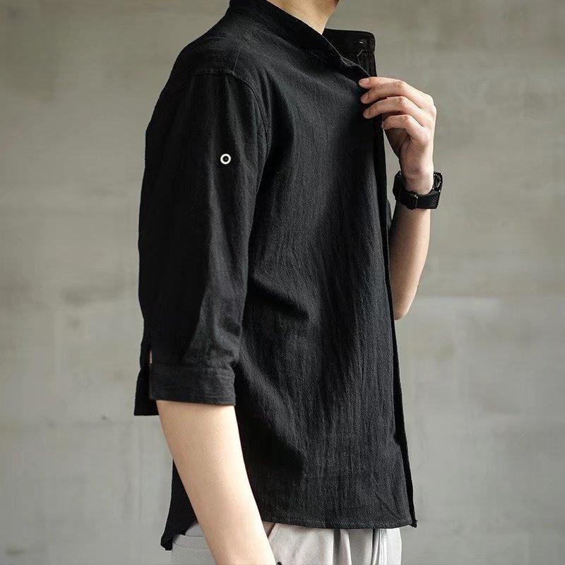 เสื้อเชิ้ตผ้าลินินผู้ชายเวอร์ชั่นเกาหลีอินเทรนด์ยืนขึ้นปกกลาง-3เอ็กแอล สามสีฤดูร้อนบางผ้าฝ้ายผ้าลินินเสื้อผู้ชายปกสบายๆกลางแขนเสื้อผู้ชายเสื้อ