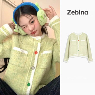 Zebina เสื้อสเวตเตอร์ถักแบบหนาสีเขียวกลิ่นหอมขนาดเล็กของผู้หญิงใหม่ย้อนยุคคาร์ดิแกนแขนยาวด้านใน