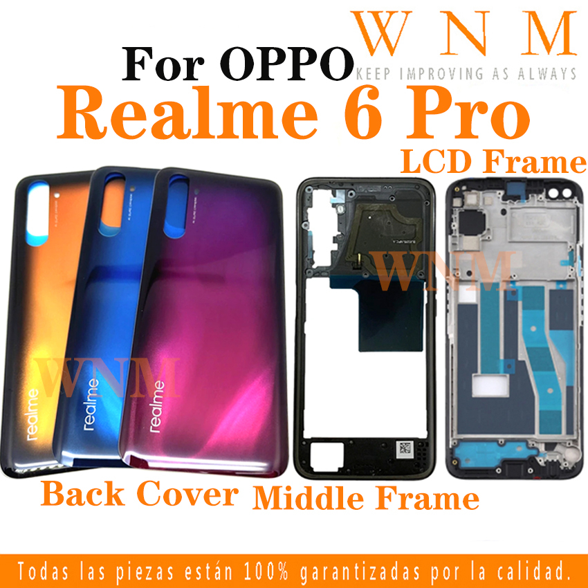 ใหม่สําหรับOppo Realme 6 Pro 6pro 6 + LCDกรอบด้านหน้าBezelกลับแบตเตอรี่ + กลางกรอบชิ้นส่วนด้านหลังกรณีHousing Centerแชสซี + ปุ่ม