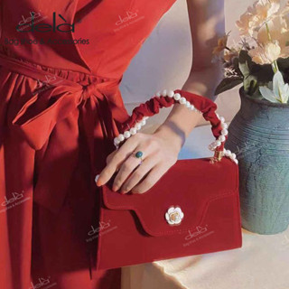 Dela ใหม่ Camellia กระเป๋าถือ กระเป๋าสะพายข้าง ประดับมุก สีแดง