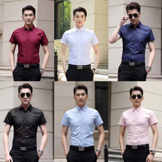 เสื้อเชิ้ตชายสุภาพ แขนสั้น ผ้านิ่มลื่น แถบกระดุม สีพื้น 6 สี รุ่น P01