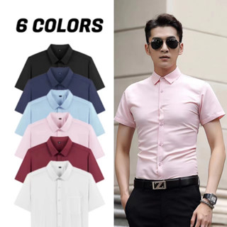 เสื้อเชิ้ตชายสุภาพ แขนสั้น ผ้านิ่มลื่น แถบกระดุม สีพื้น 6 สี รุ่น P02