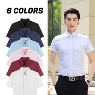 เสื้อเชิ้ตชายสุภาพ แขนสั้น ผ้านิ่มลื่น แถบกระดุม สีพื้น 6 สี รุ่น P06