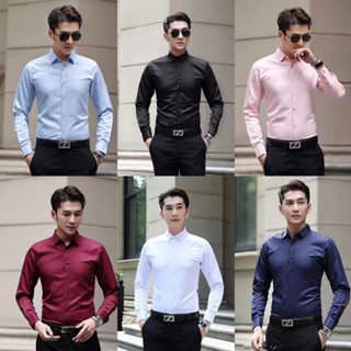 เสื้อเชิ้ตชายสุภาพแขนยาว ผ้านิ่มลื่น แถบกระดุม สีพื้น 6 สี รุ่น P01