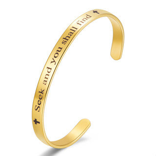 สร้อยข้อมือ สเตนเลส จี้ไม้กางเขน ตัวอักษร Seek and you shall find Adjustable Cuff Bracelet For Women Jewelry Mothers Day Gifts Silver Black Gold Plated