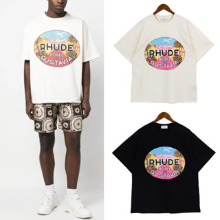 Rhude เสื้อยืด คอกลม แขนสั้น ผ้าฝ้าย พิมพ์ลาย ทรงหลวม แฟชั่นสําหรับผู้ชาย และผู้หญิง