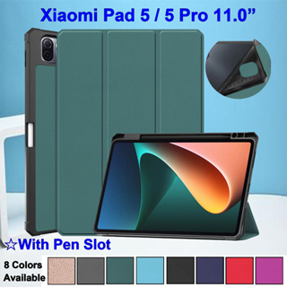 สําหรับ Xiaomi Pad 5 Pro 5G Mi Pad5 (2021) 11.0 นิ้ว 21051182G เคสแท็บเล็ตแฟชั่น พร้อมช่องใส่ปากกา สีพื้น ฝาพับตั้งได้