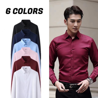 เสื้อเชิ้ตชายสุภาพแขนยาว ผ้านิ่มลื่น แถบกระดุม สีพื้น 6 สี รุ่น P06