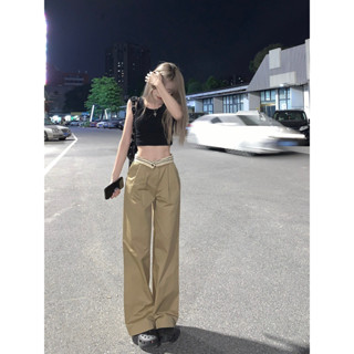 Khaki color design sense niche flip waist casual pants for girls wide pants casual pants