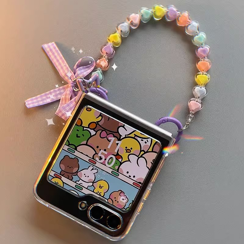 เคสโทรศัพท์กันกระแทกแบบใสพร้อมการตกแต่งโบว์และสายโซ่สำหรับ Samsung Galaxy Z Flip 3 4 5 6 7 7FE Flip5 zflip5 Flip6 Flip4 Flip3 zflip7