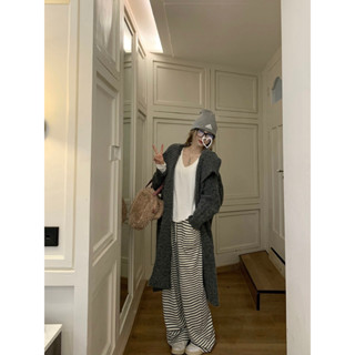 Large lapel sweater jacket lazy style long knit cardigan V-neck T-shirt striped pants three piece set