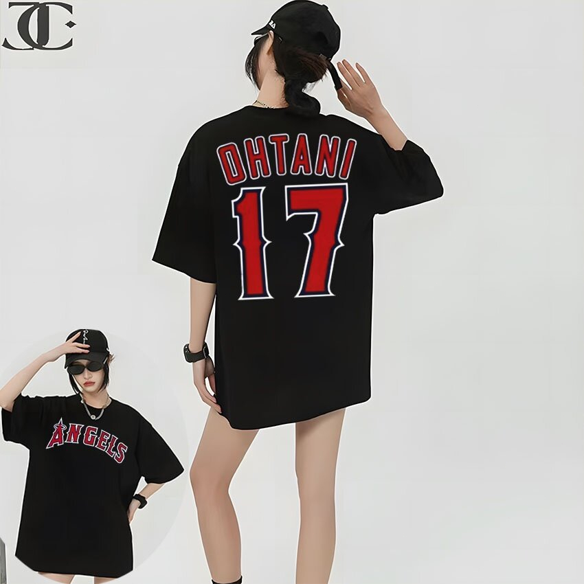 เสื้อยืดคอกลมShohei Ohtani 17 Los Angeles Angels Majestic MenS Red Name Number T-Shirt Sportswear Gi