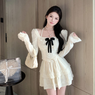 เสื้อแขนยาว คอกลม ผ้าชีฟอง ทรงเอ ประดับโบว์ แต่งลูกไม้ และกระโปรง เอวสูง แฟชั่นสไตล์เกาหลี สําหรับผู้หญิง
