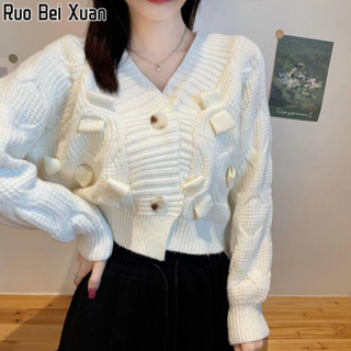 Ruo Bei Xuan เสื้อคาร์ดิแกน แขนยาว คอวี สีพื้น สําหรับผู้หญิง