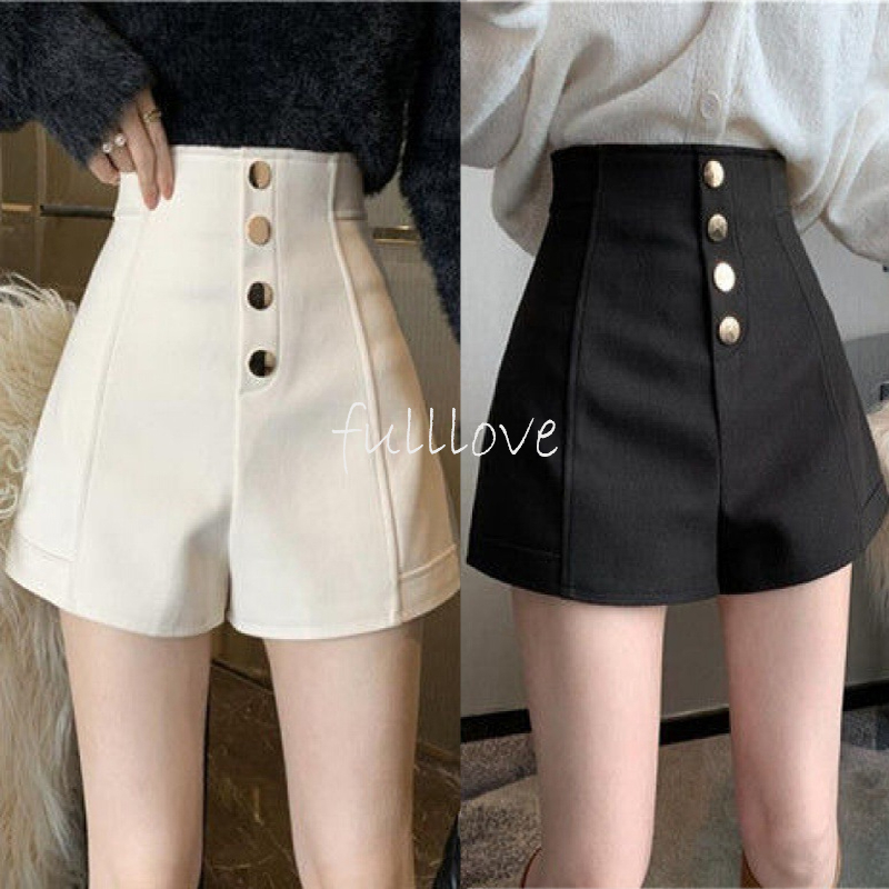 🔥ส่งไวจากไทย Fulllove พร้อมส่ง กางเกงขาสั้น เอวสูง ทรงเอ กระดุมแถวเดียว ขนาดใหญ่ สีดํา สําหรับผู้หญิง (S-5XL)