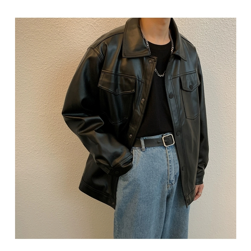 PannoFluxus เสื้อแจ็กเก็ตหนัง คอปก ทรงหลวม แต่งกระเป๋าใหญ่ แฟชั่นฤดูใบไม้ผลิ และฤดูใบไม้ร่วง สไตล์เรโทร สําหรับผู้ชาย - รูปที่ 5