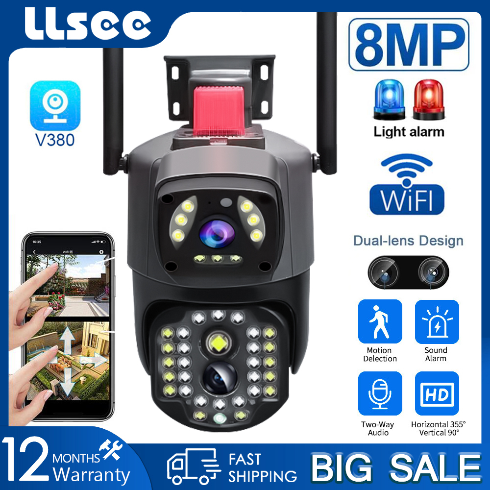 LLSEE V380 Pro กล้องวงจรปิด WiFi, กล้องวงจรปิด 360 WiFi, กล้องวงจรปิดกลางแจ้ง WiFi ซูมเลนส์, 4K, 8MP, การติดตามอัตโนมัติ, อินเตอร์คอมสองทาง, กันน้ำ