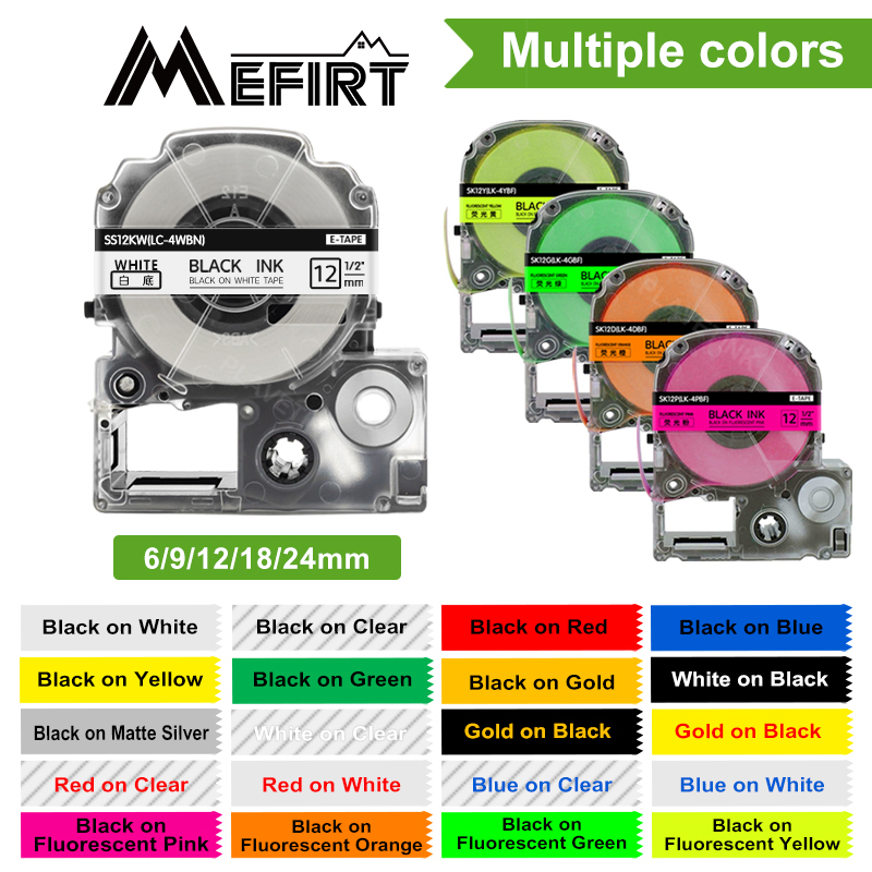 [6 9 12 18 24 มม.] เทปฉลาก LC-4WBN9 SS12KW 12 มม. สําหรับ EPSON LabelWorks LW-300 LW-400 LW-600P LW-700 LW-900P LW-1000P KingJim TepraPro SR330V 8 ม.