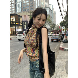 Brilliant Rainbow Dyed Yarn Thick Soft Stacked High Neck Shoulder Cut Tank Top