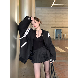 Xiaoxiang Baseball Jersey Contrast Panel PU Leather Coat Womens Autumn American Vintage Jacket Top